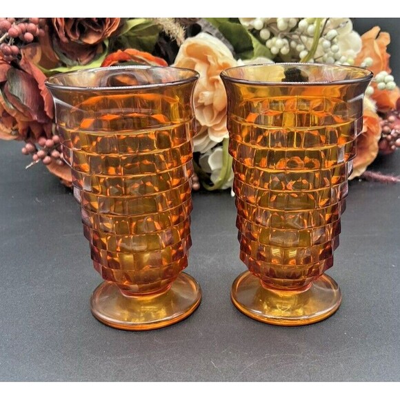 Set of 2 Vintage Whitehall Amber Cubist Footed Iced Tea Glasses 12oz - Indiana G - Picture 2 of 7